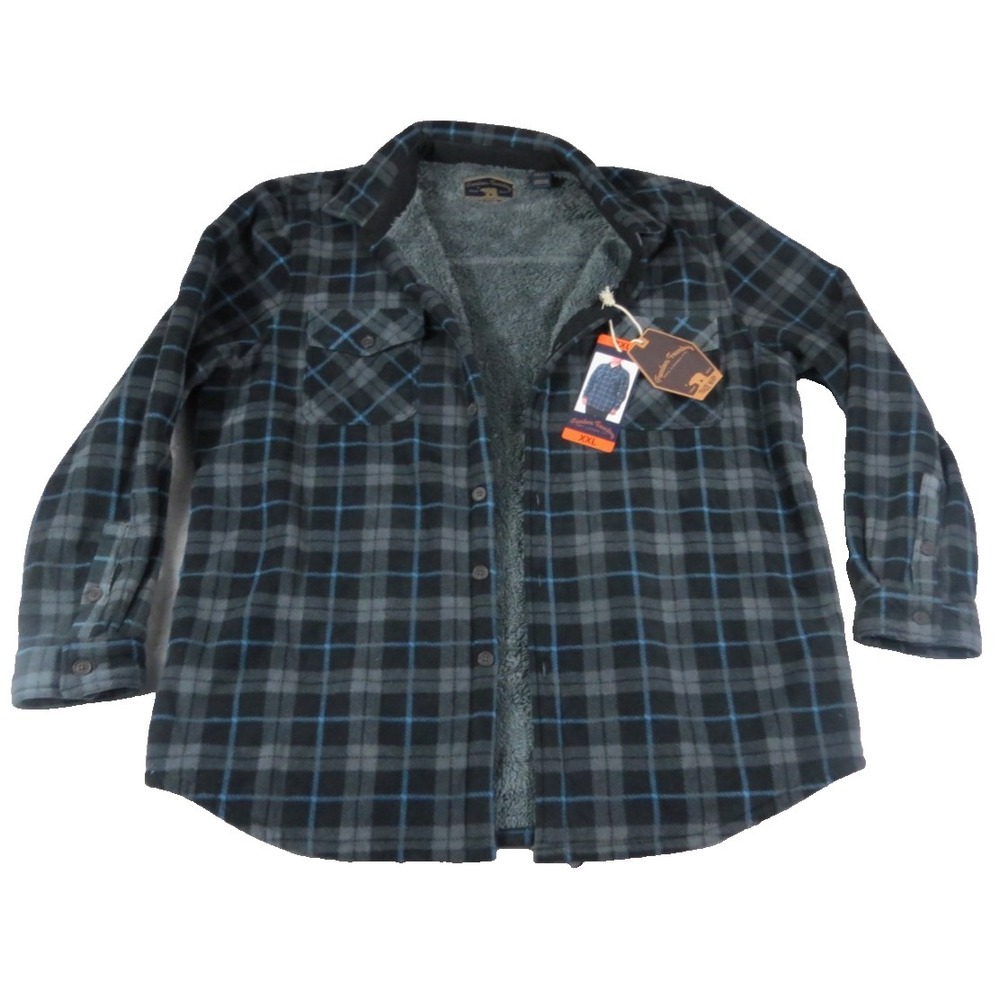 NWT Freedom Foundry Flannel Shirt Jacket Men 2XL Blue Black Plaid Sherpa Lined